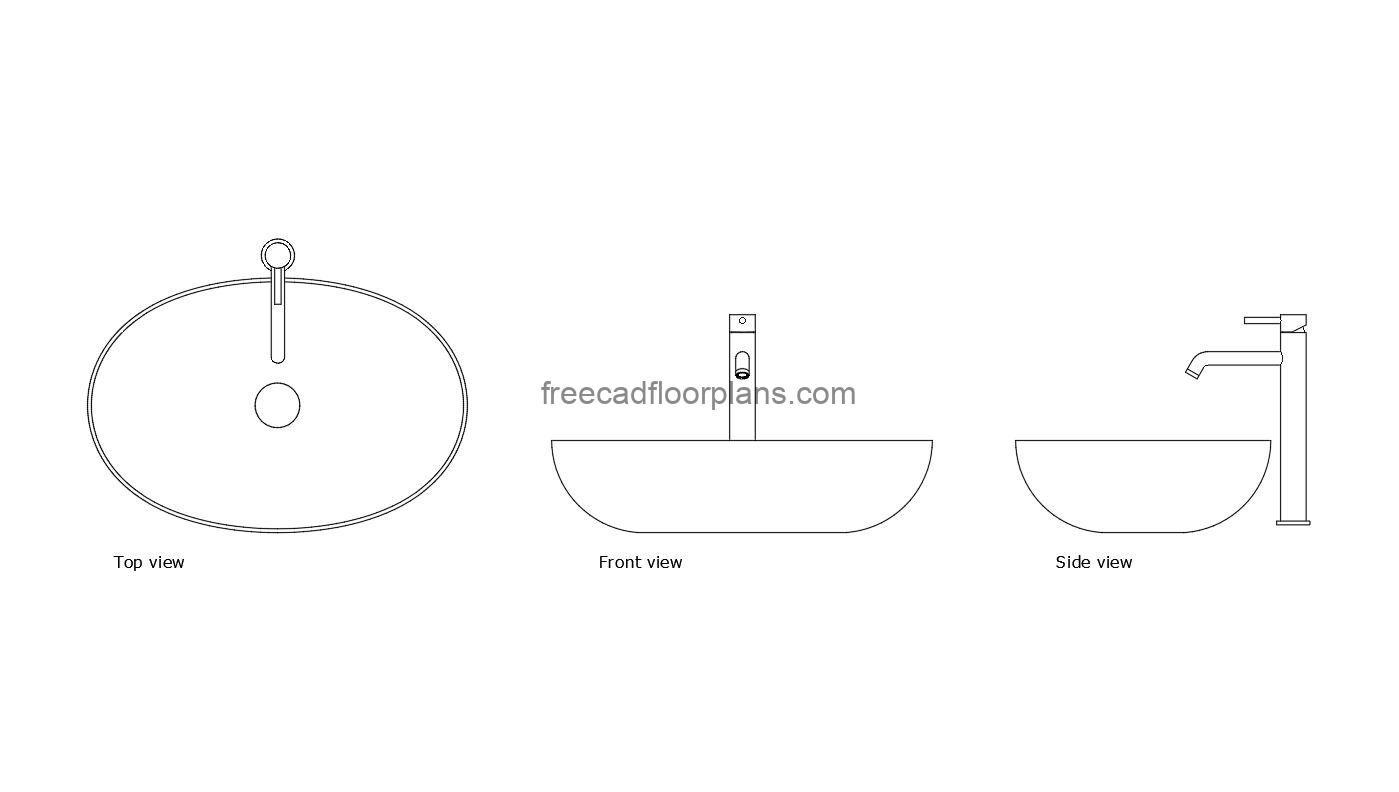 oval basin sink autocad drawing, plan and elevation 2d views, dwg file free for download