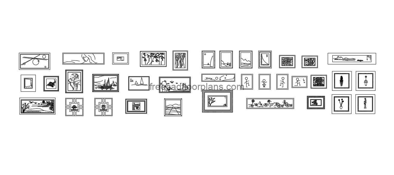 paintings autocad drawing, front 2d view, dwg file free for download
