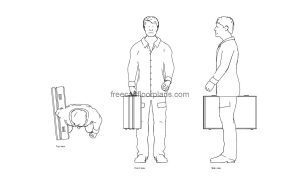 person with luggage autocad drawing, plan and elevation 2d views, dwg file free for download
