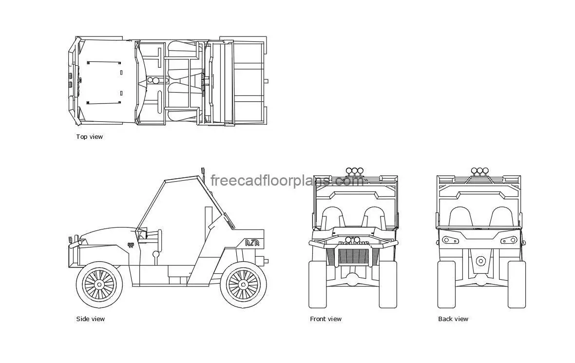 polaris ranger autocad drawing, plan and elevation 2d views, dwg file free for download