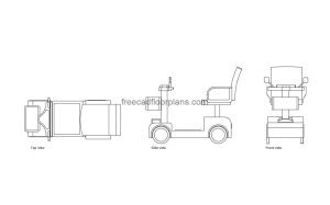 power scooter autocad drawing, plan and elevation 2d views, dwg file free for download