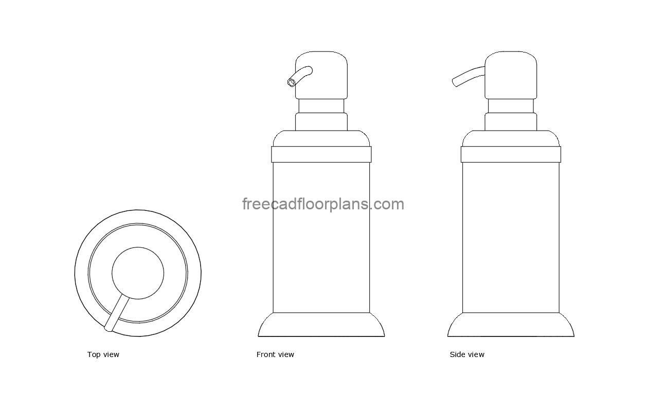pump soap dispenser autocad drawing, plan and elevation 2d views, dwg file free for download