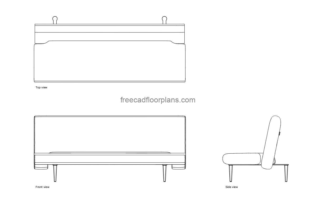 sleeper sofa autocad drawing, plan and elevation 2d views, dwg file free for download