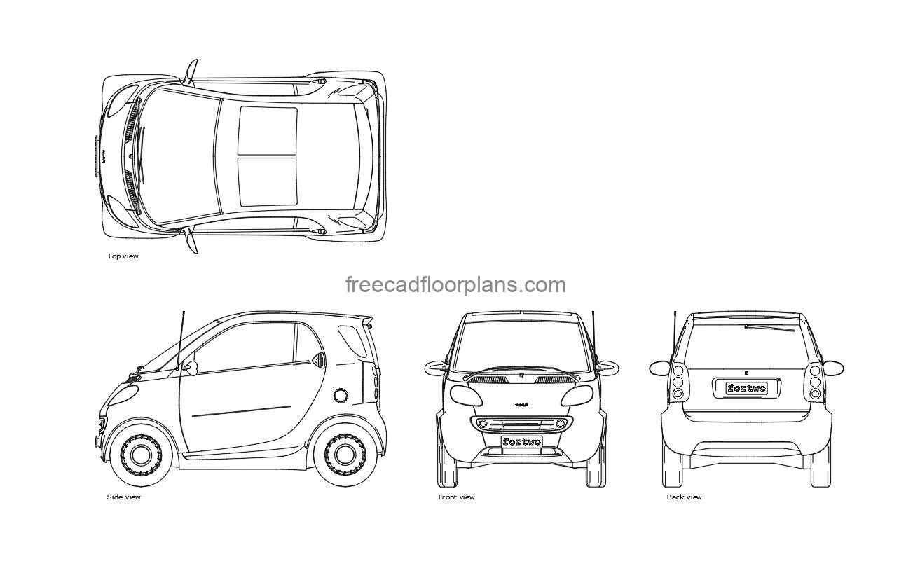 smart car autocad drawing, plan and elevation 2d views, dwg file free for download