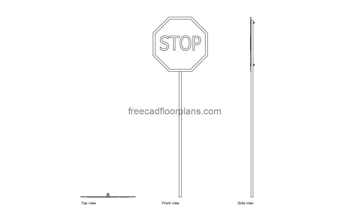 stop sign autocad drawing plan and elevation 2d views, dwg file free for download