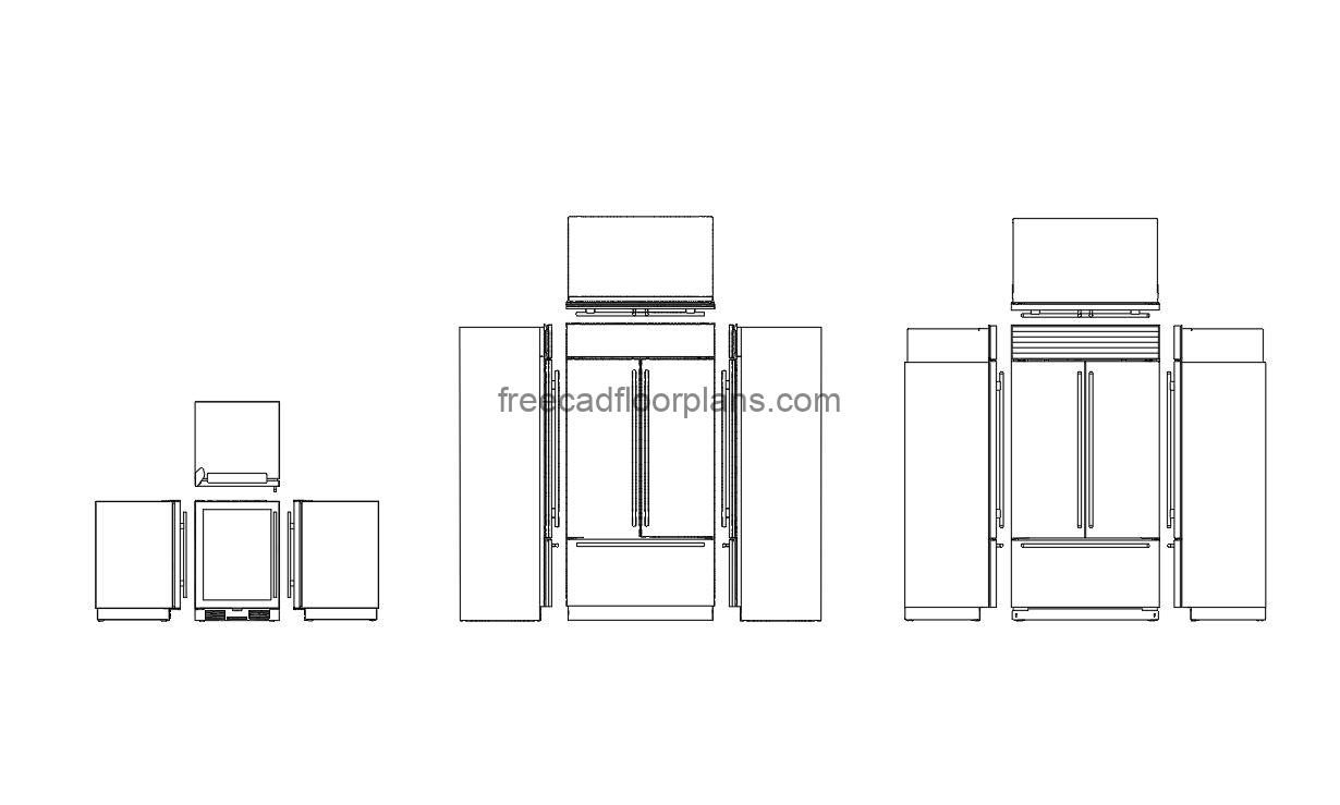 sub-zero refrigerator autocad drawing, plan and elevation 2d views, dwg file free for download