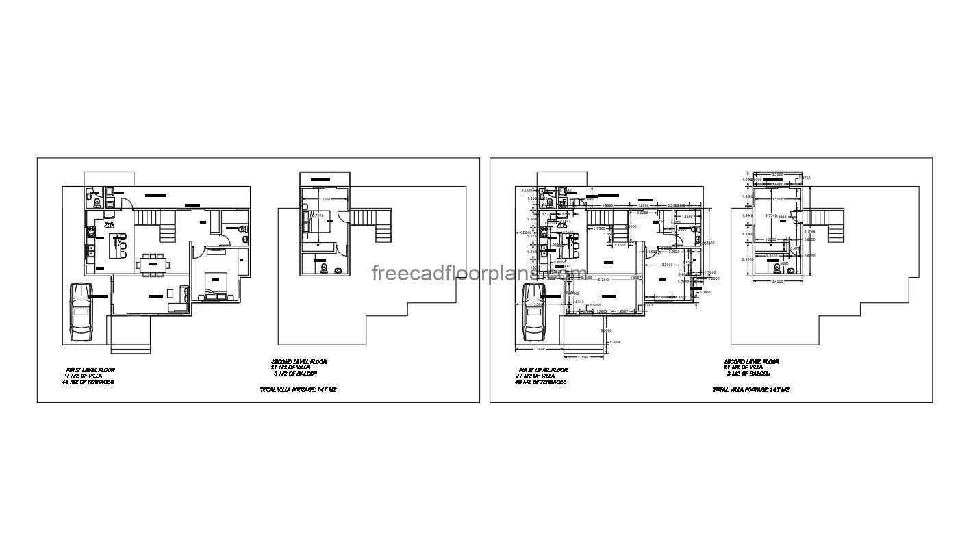 two storey two bedroom 147 M2 house, autocad dwg format 2d drawing, architectural and dimensioned plan for free download