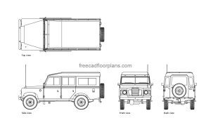 vintage land rover autocad drawing, plan and elevation 2d views, dwg file free for download