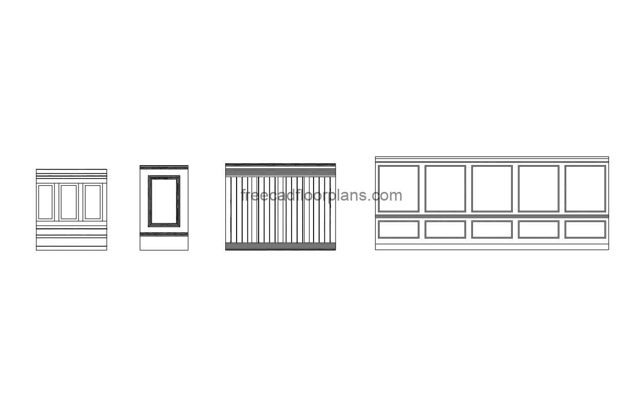 wainscoting panels autocad drawing, front 2d views, dwg file free for download