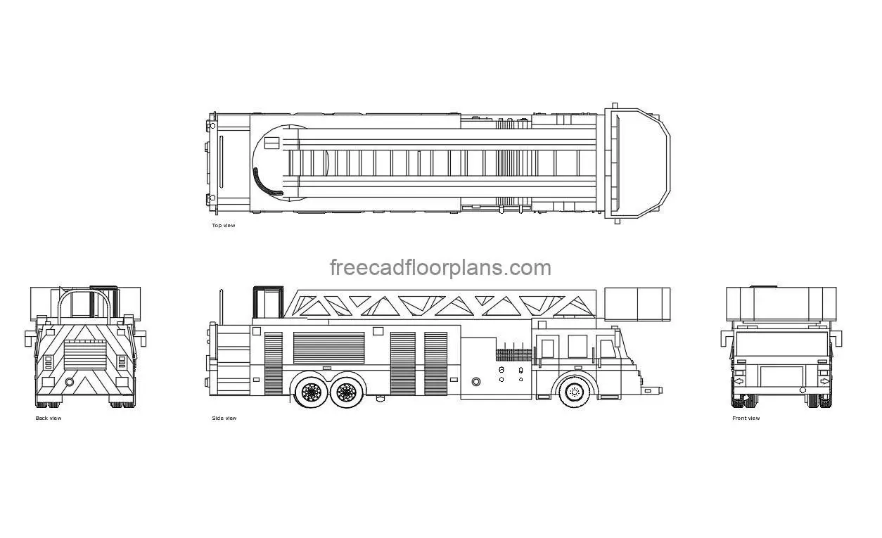 47 ft fire truck autocad drawing, plan and elevation 2d views, dwg file free for download