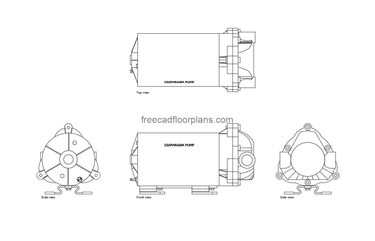 Diaphragm pump autocad drawing, plan and elevation 2d views, dwg file free for download