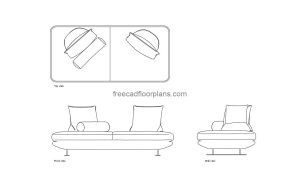 backless sofa autocad drawing, plan and elevation 2d views, dwg file free for download