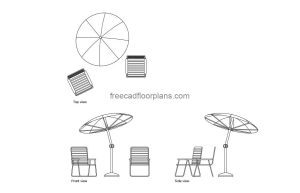 beach chairs autocad drawing, plan and elevation 2d views, dwg file free for download