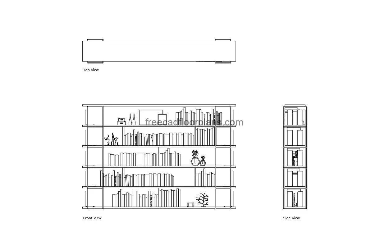 bookshelf autocad drawing, plan and elevation 2d views, dwg file free for download