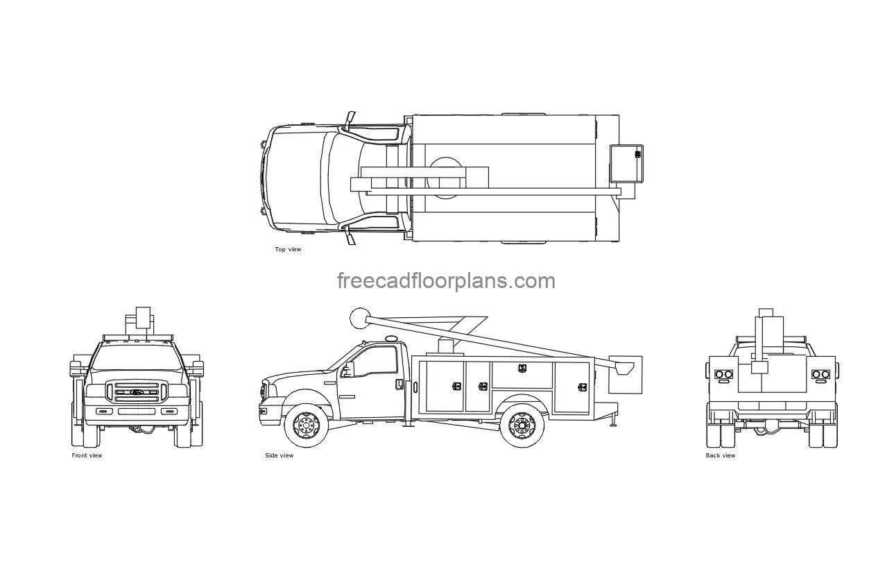 bucket truck autocad drawing, plan and elevation 2d views, dwg file free for download