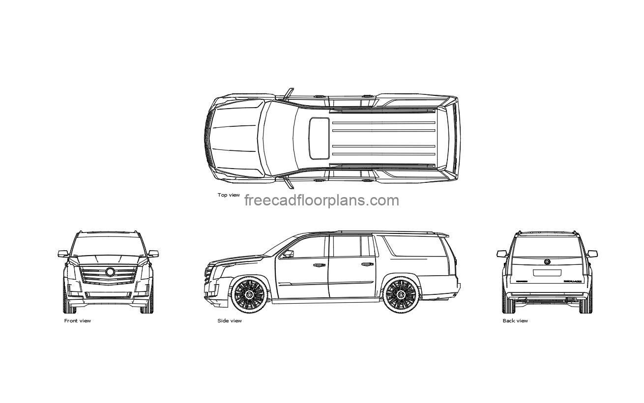 cadillac escalade autocad drawing, plan and elevation 2d views, dwg file free for download