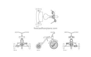 children tricycle autocad drawing, plan and elevation 2d views, dwg file free for download