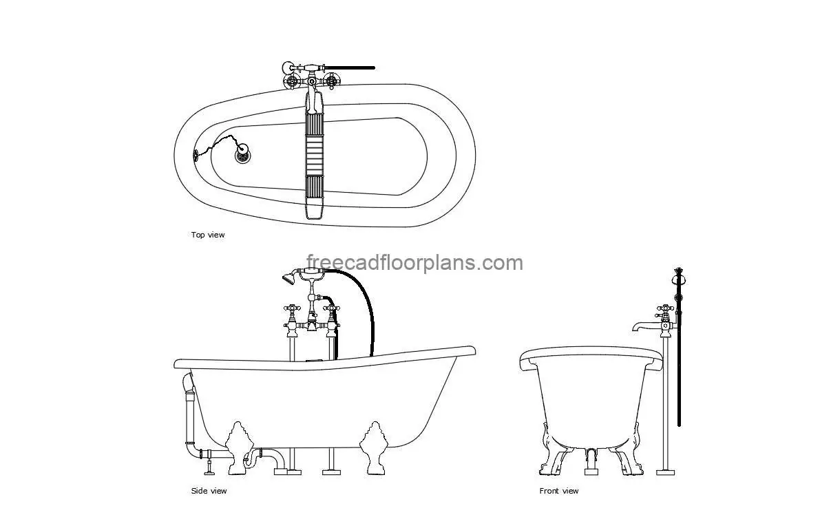 classic freestanding clawfoot tub autocad drawing, plan and elevation 2d views, dwg file free for download