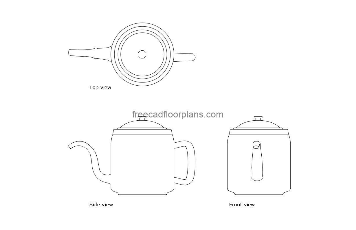 coffee kettle autocad drawing, plan and elevation 2d views, dwg file free for download