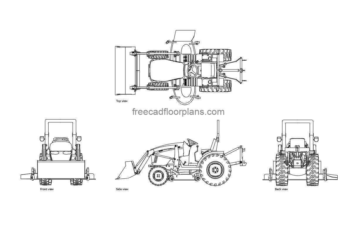 compact utility tractor autocad drawing, plan and elevation 2d views, dwg file free for download
