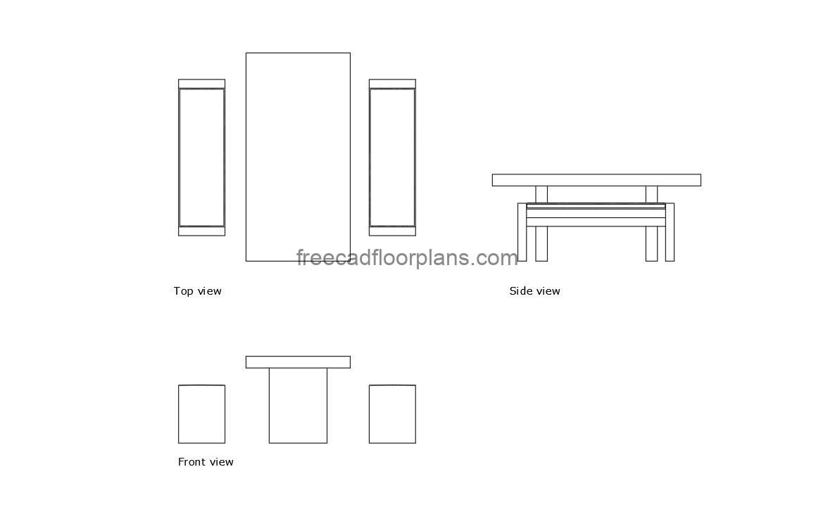dining bench autocad drawing, plan and elevation 2d views, dwg file free for download