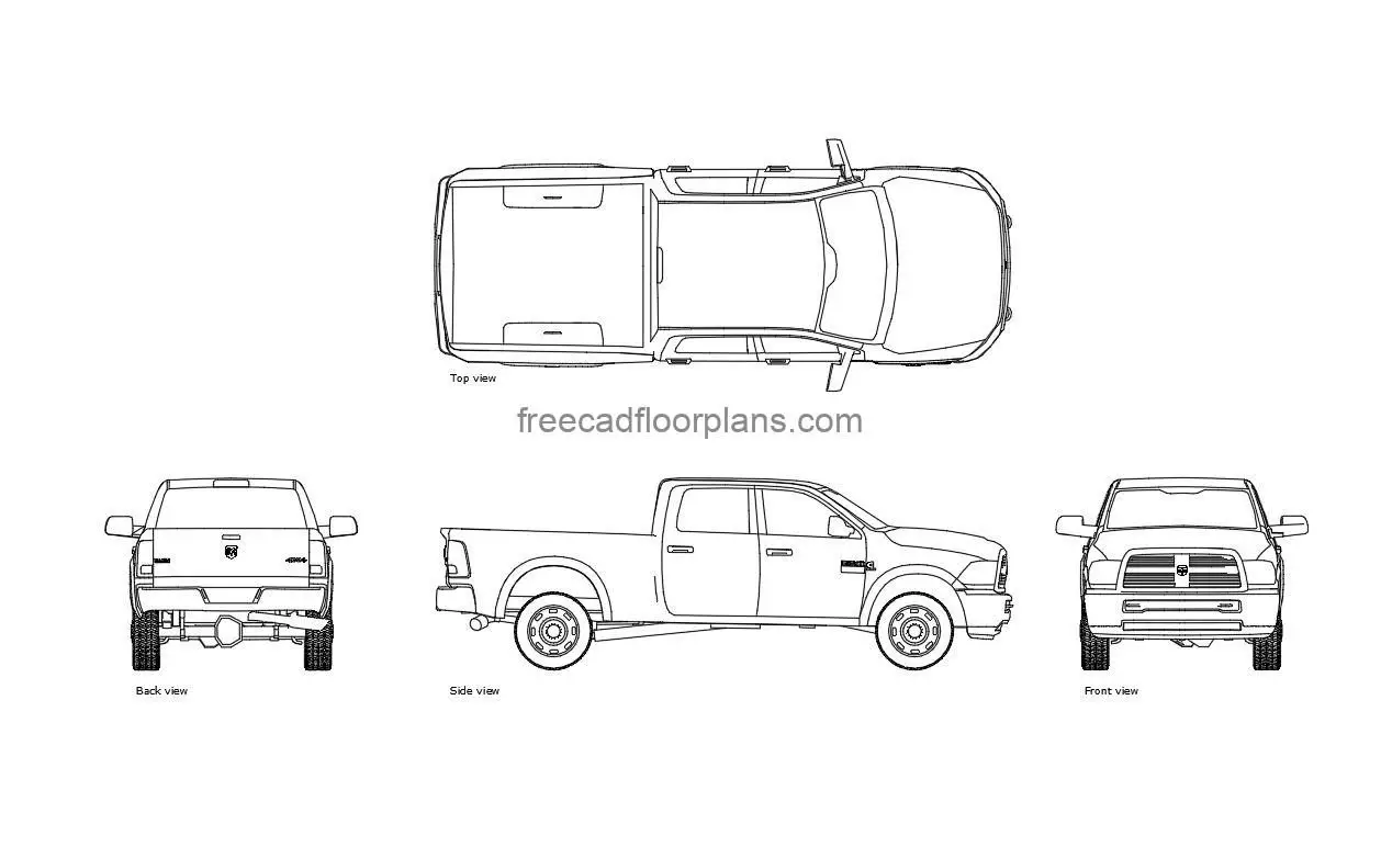 dodge ram 2500 autocad drawing, plan and elevation 2d views, dwg file free for download