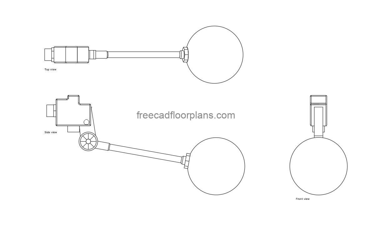 float valve autocad drawing, plan and elevation 2d views, dwg file free for download