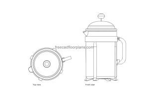 french press coffee maker autocad drawing, plan and elevation 2d views, dwg file free for download