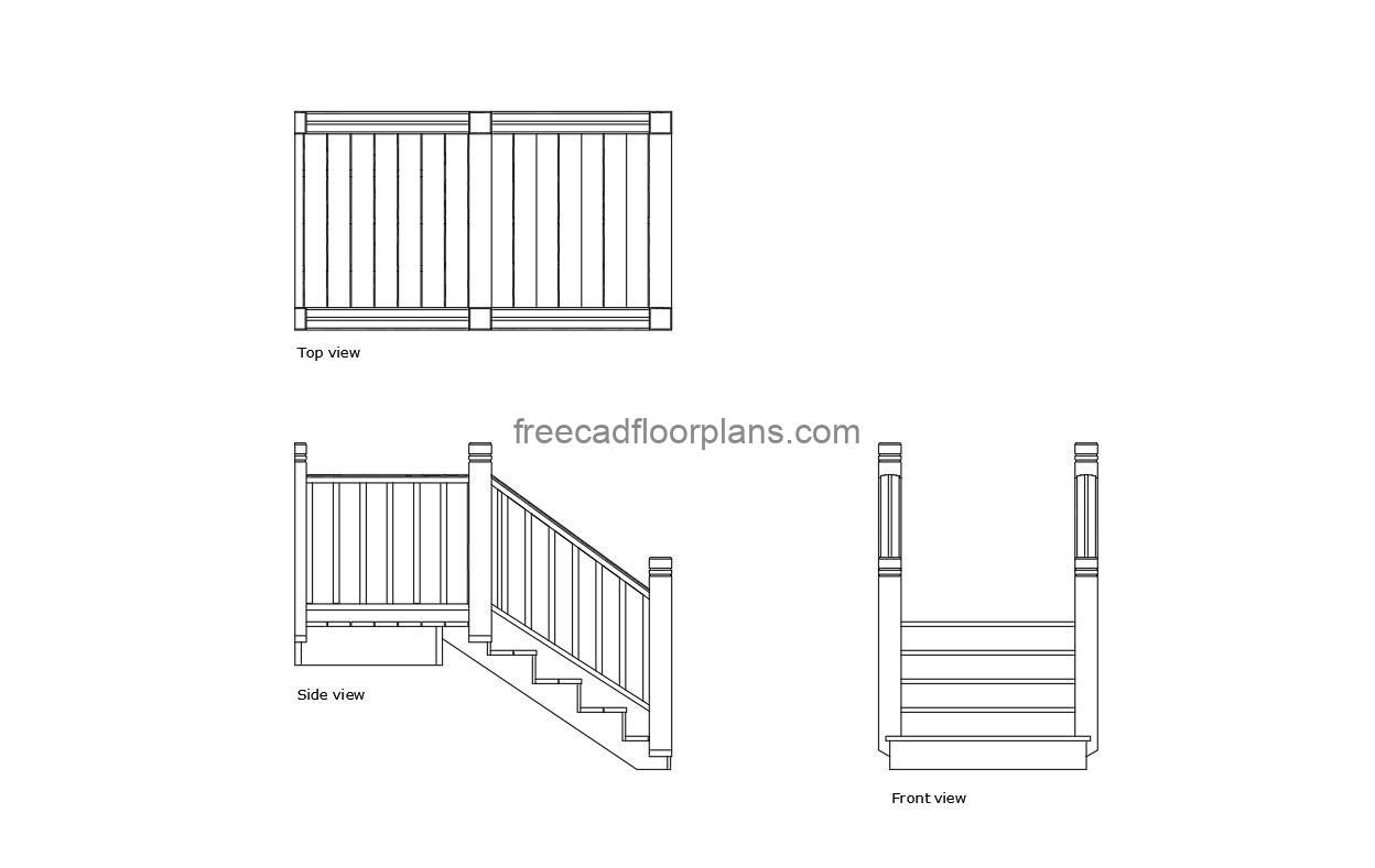 front porch stairs autocad drawing, plan and elevation 2d views, dwg file free for download