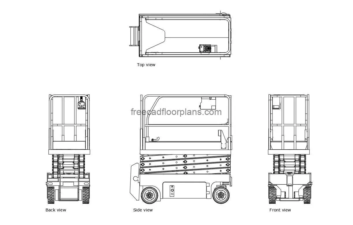 genie scissor lift autocad drawing, plan and elevation 2d views, dwg file free for download