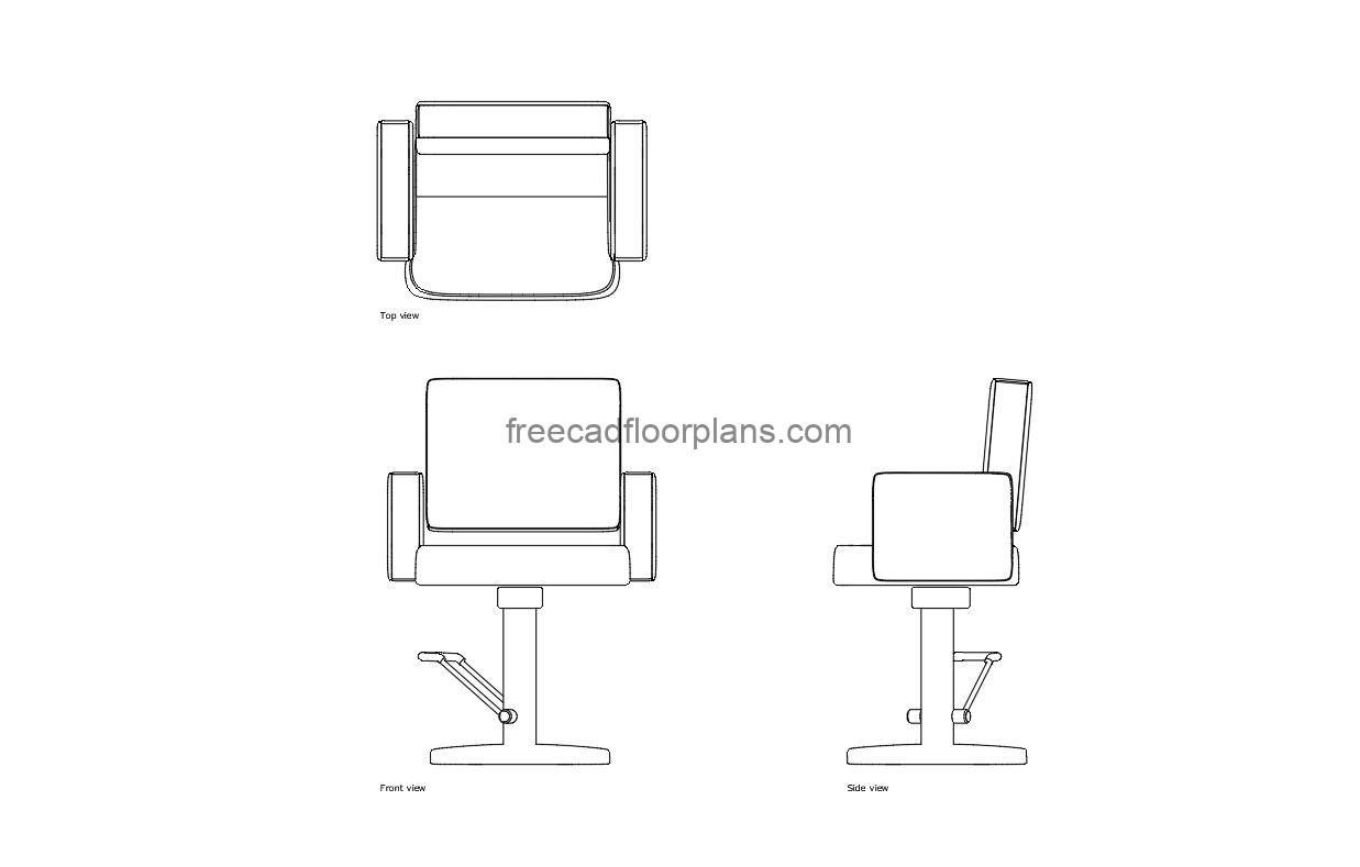hair styling chair autocad drawing, plan and elevation 2d views, dwg file free for download