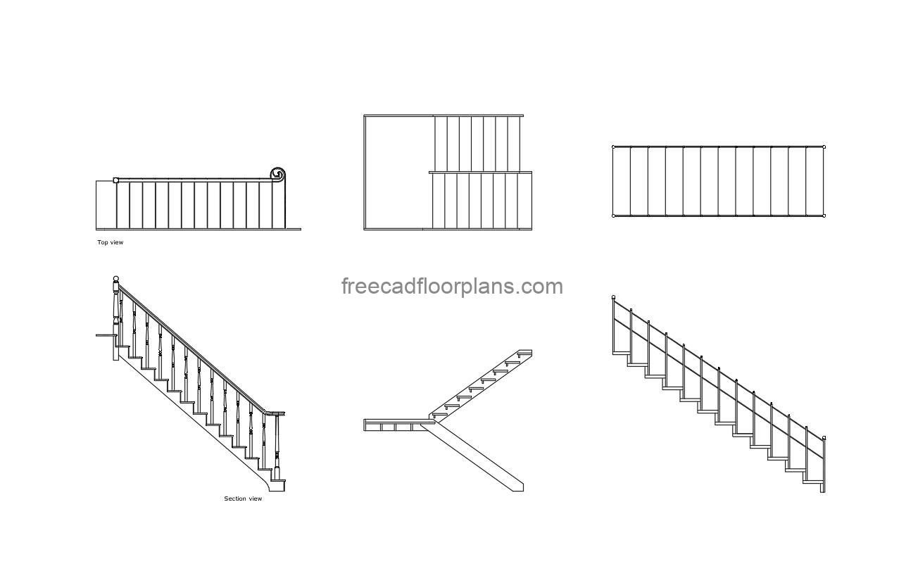house wood stair sections autocad drawing, plan and sections 2d views, dwg file free for download