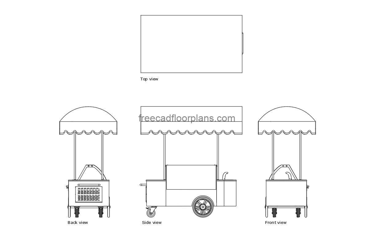 ice cream cart autocad drawing, plan and elevation 2d views, dwg file free for download