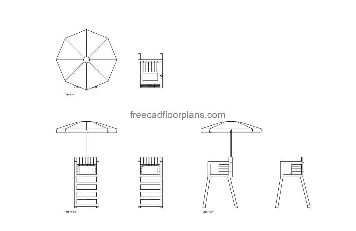 lifeguard chair autocad drawing, plan and elevation 2d views, dwg file free for download