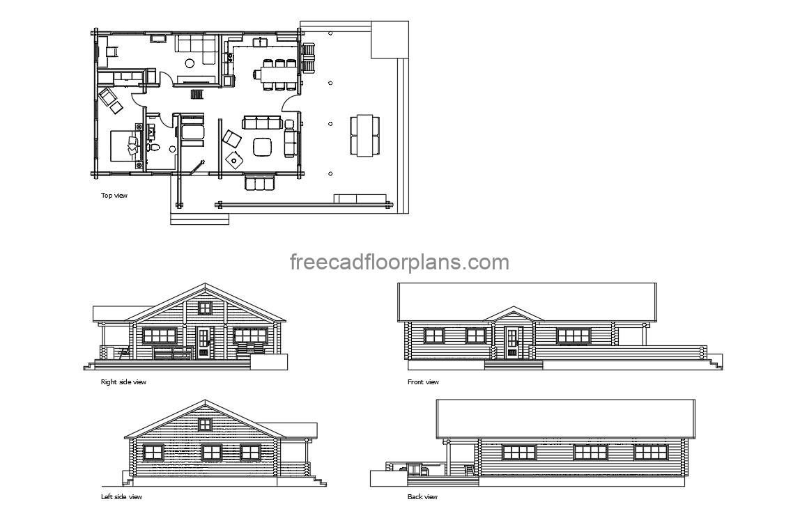 autocad dwg file of a log cabin house, plan and elevation for free download
