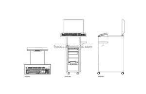 mobile computer cart autocad drawing, plan and elevation 2d views, dwg file free for download