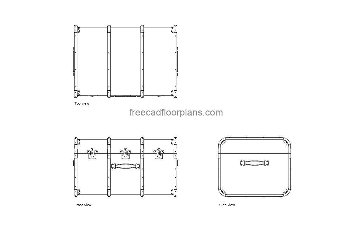 old steamer trunk autocad drawing, plan and elevation 2d views, dwg file free for download