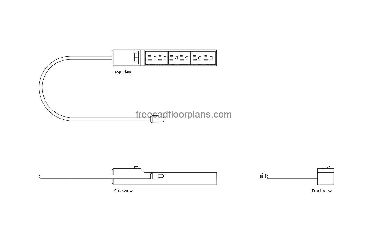 power strip autocad drawing, plan and elevation 2d views, dwg file free for download