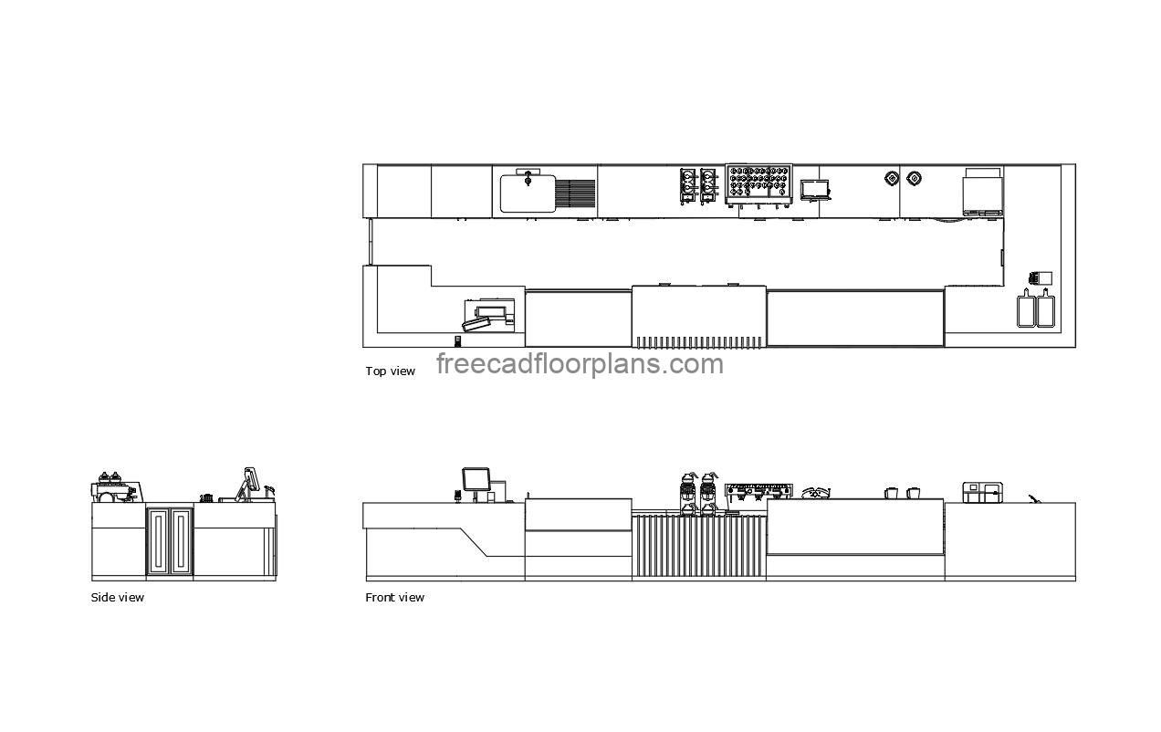 restaurant counter autocad drawing, plan and elevation 2d views, dwg file free for download