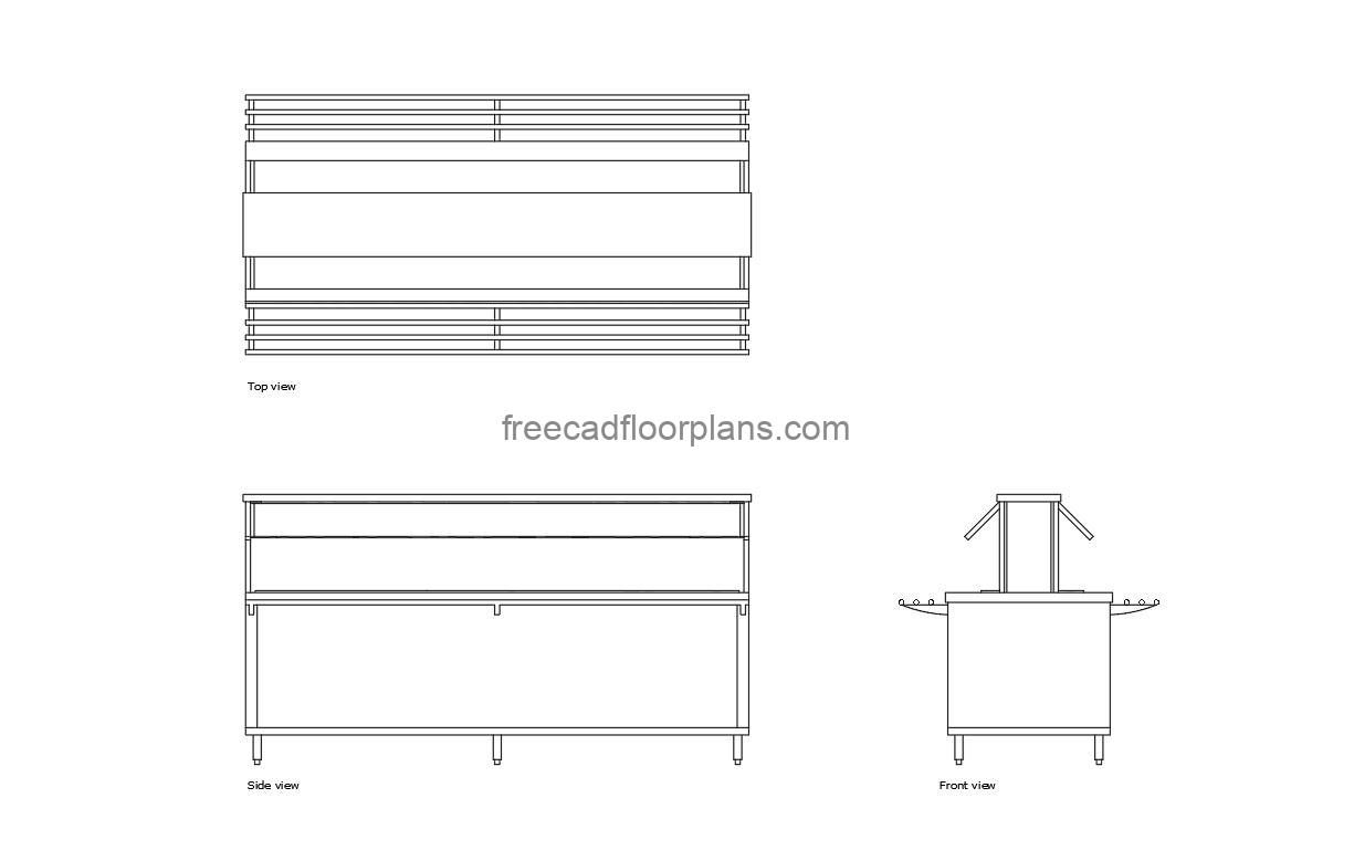 salad buffet table autocad drawing, plan and elevation 2d views, dwg file free for download