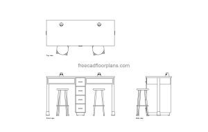 science desk autocad drawing, plan and elevation 2d views, dwg file free for download