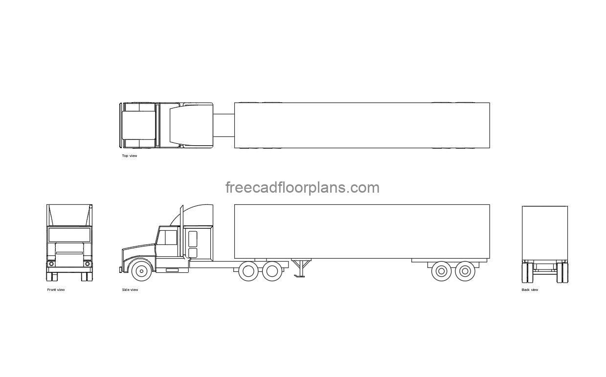 semi truck autocad drawing plan and elevation 2d view, dwg file free for download