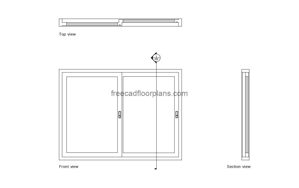 sliding window with section autocad drawing, plan and elevation 2d views, dwg file free for download