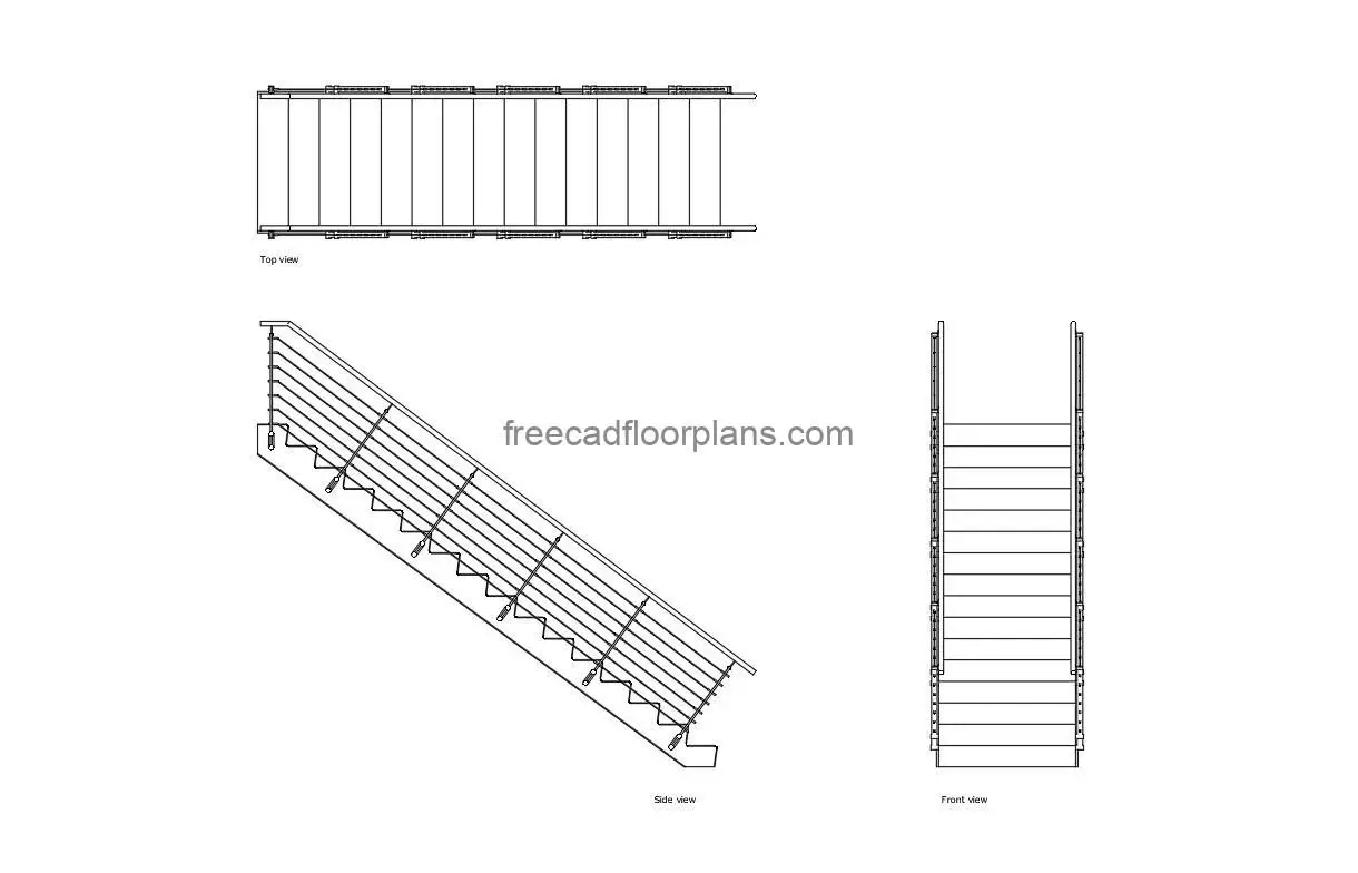 stair with handrail autocad drawing, plan and elevation 2d views, dwg file free for download