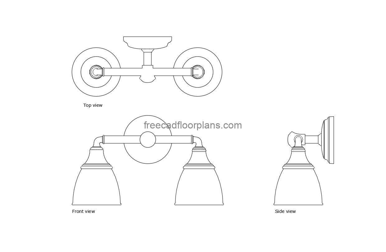 vintage double sconce autocad drawing, plan and elevation 2d views, dwg file free for download