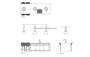 waterfall kitchen island autocad drawing, plan and elevation 2d views, dwg file free for download