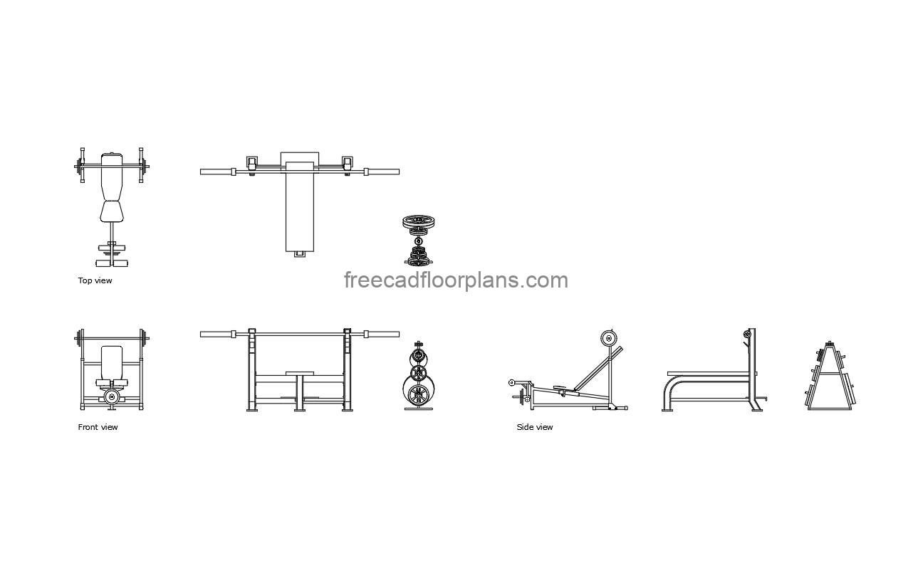 weight bench autocad drawing, plan and elevation 2d views, dwg file free for download