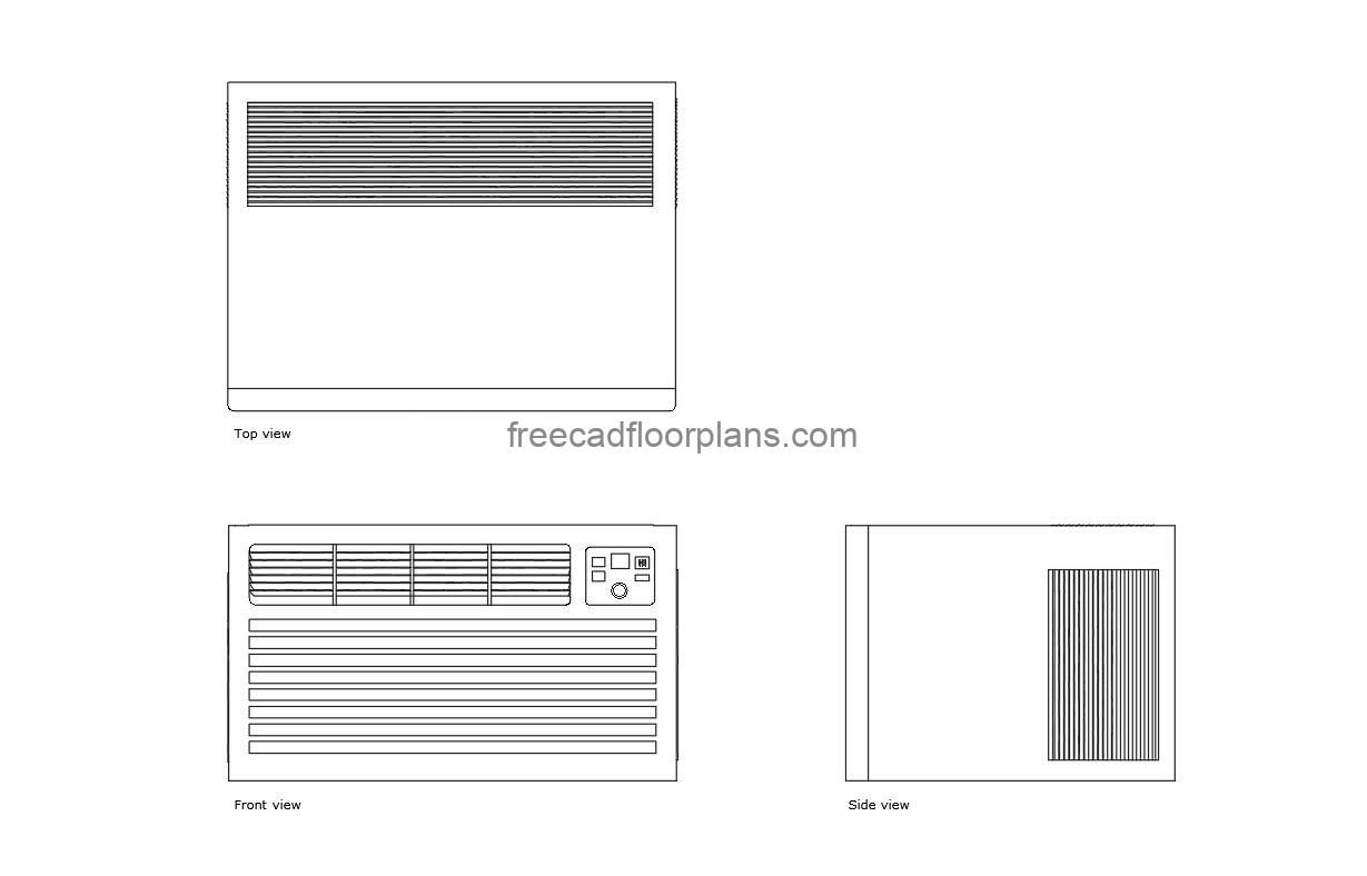 window mounted air conditioner autocad drawing, plan and elevation 2d views, dwg file free for download