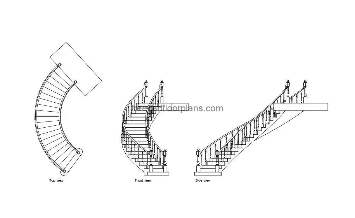 wooden curved stair autocad drawing, plan and elevation 2d views, dwg file free for download