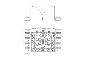 wrought iron gate autocad drawing, plan and elevation 2d views, dwg file free for download